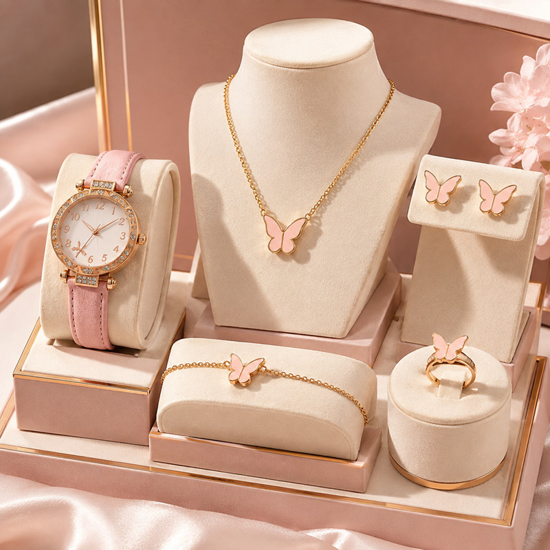 Conjunto Completo Feminino Relógio Rosa + Colar Brincos Pulseira Anel Borboleta
