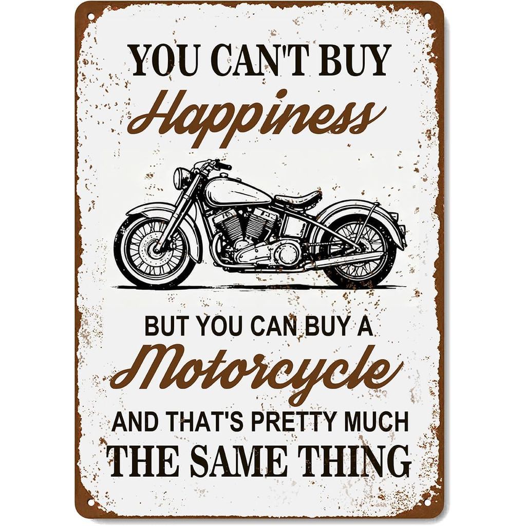 Placa de Metal com Tema de Garagem 8x12 Polegadas - "Você Não Pode Comprar Felicidade, Mas Pode Comprar uma Motocicleta"