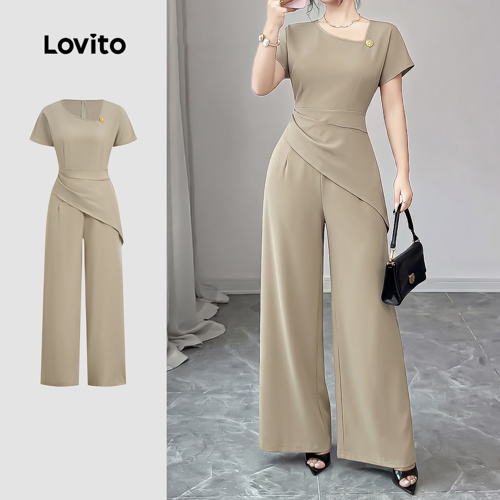 (New Arrival) Lovito Elegante Macacão Assimétrico de Botão Primavera/verão Macac