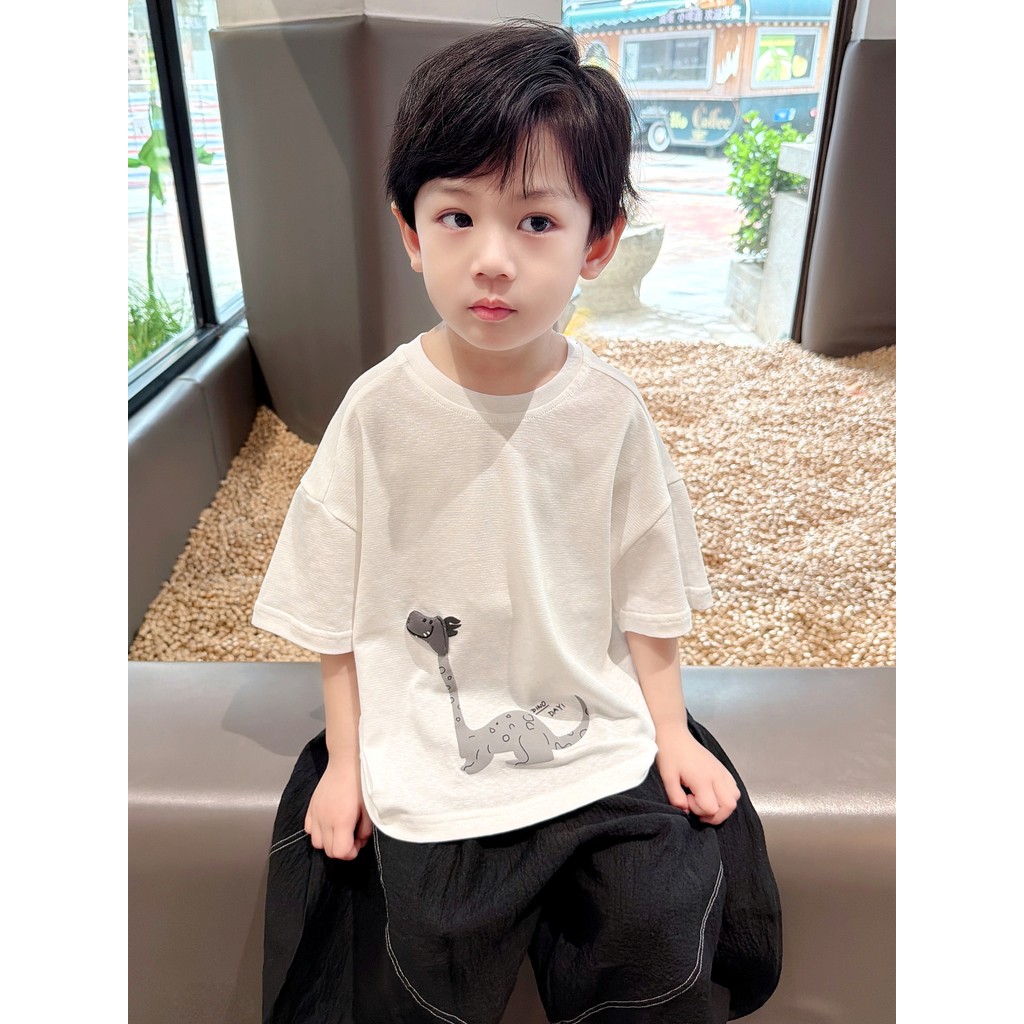 Tridimensional dos desenhos animados ~ meninos 2026 verão novo estilo de manga curta camiseta dinossauro impressão em to