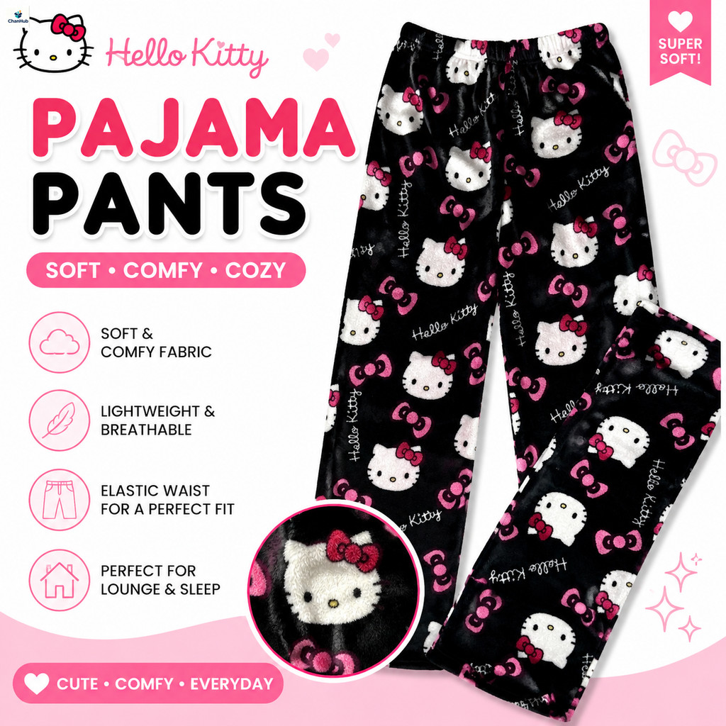 Calça De Moletom Forrada De Lã Hello Kitty Feminina Inverno Quente Macia Casual Comprida Roupa De Casa