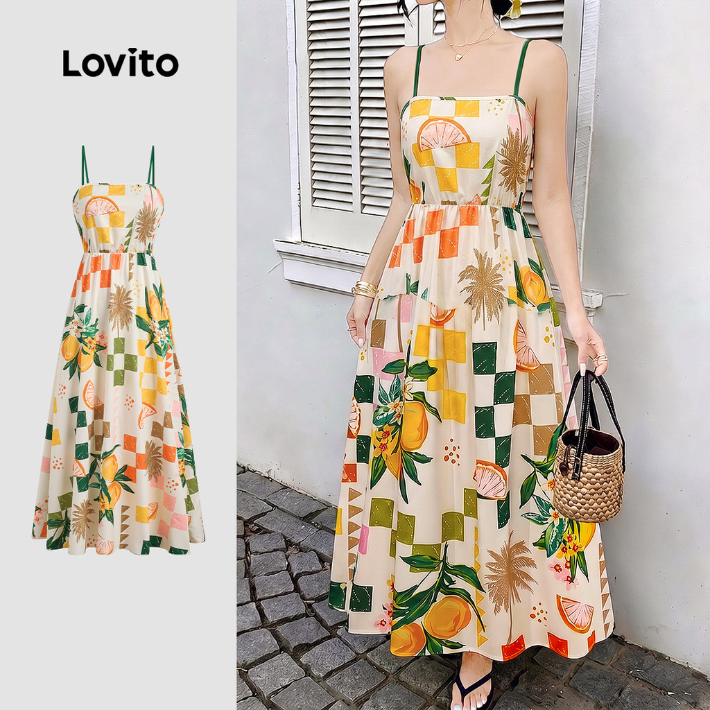 (New Arrival) Lovito Vestido Boho Alças Ajustáveis Bainha Enrugada Padrão Primav