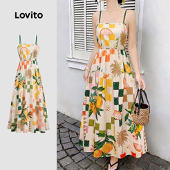 Lovito Vestido Boho Alças Ajustáveis Bainha Enrugada Padrão Primavera/verão para Mulheres LK7ED707
