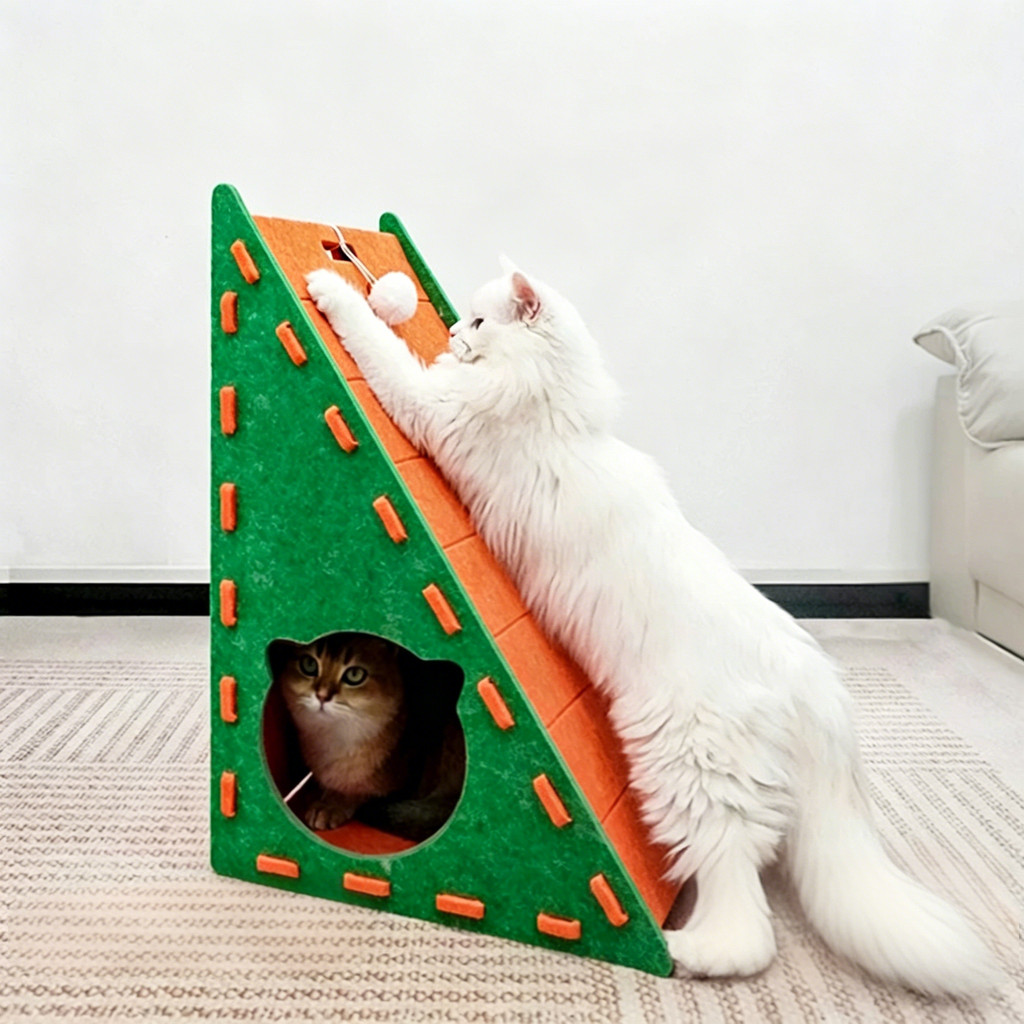 Abrigo arranhador multifuncional para gatos, triangular robusto em feltro, brinquedo pendente, protege sofá e móveis