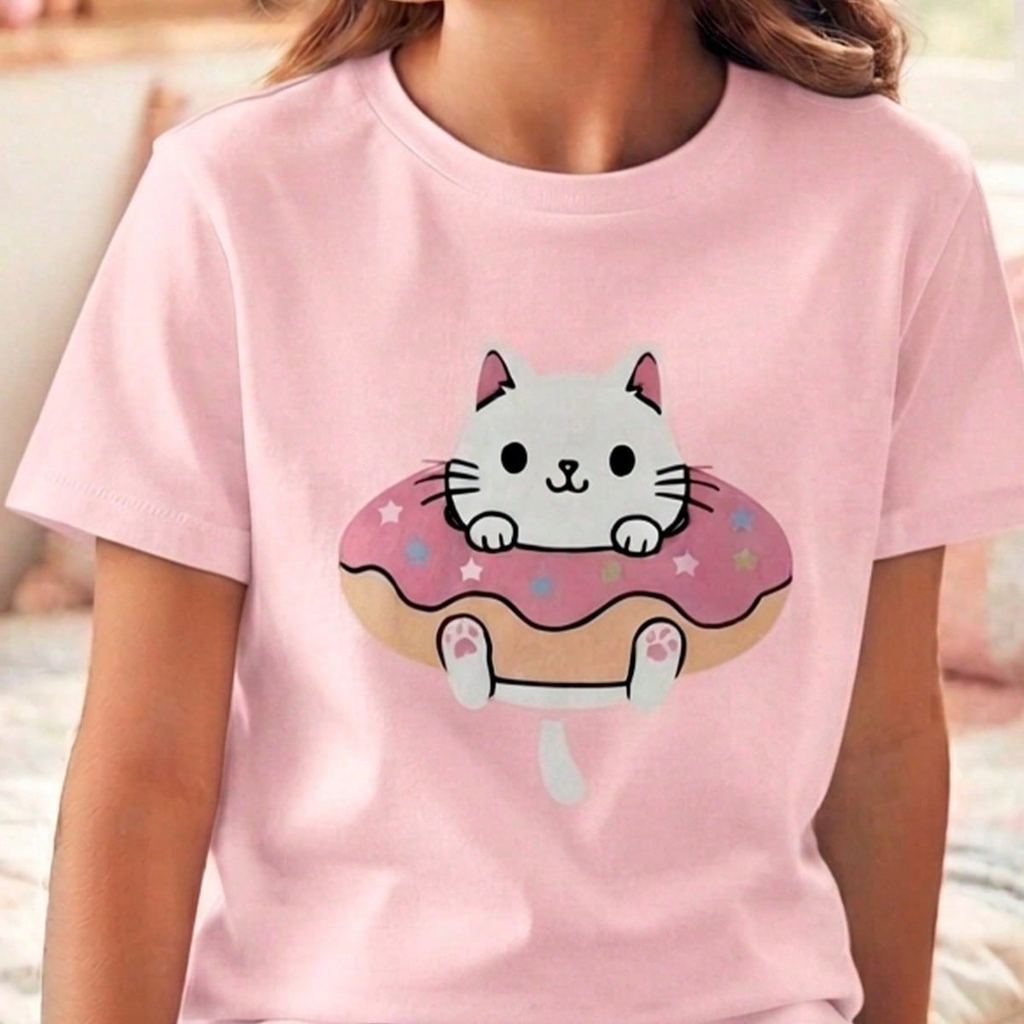 Camiseta infantil Estampado Gatinho No Donuts - Estampas Exclusivas Para Criança 100% Algodão