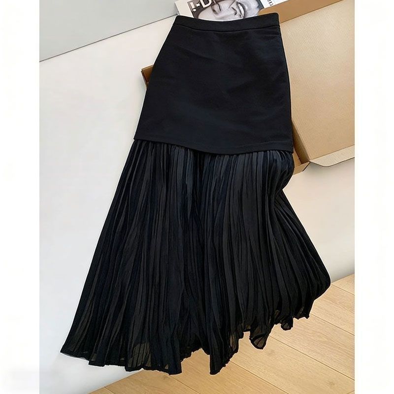 Estilo Francês Luz Costura De Luxo Saia Preta Plissada Feminina Primavera E Verão Novo Design Temperamento Cintura Alta 