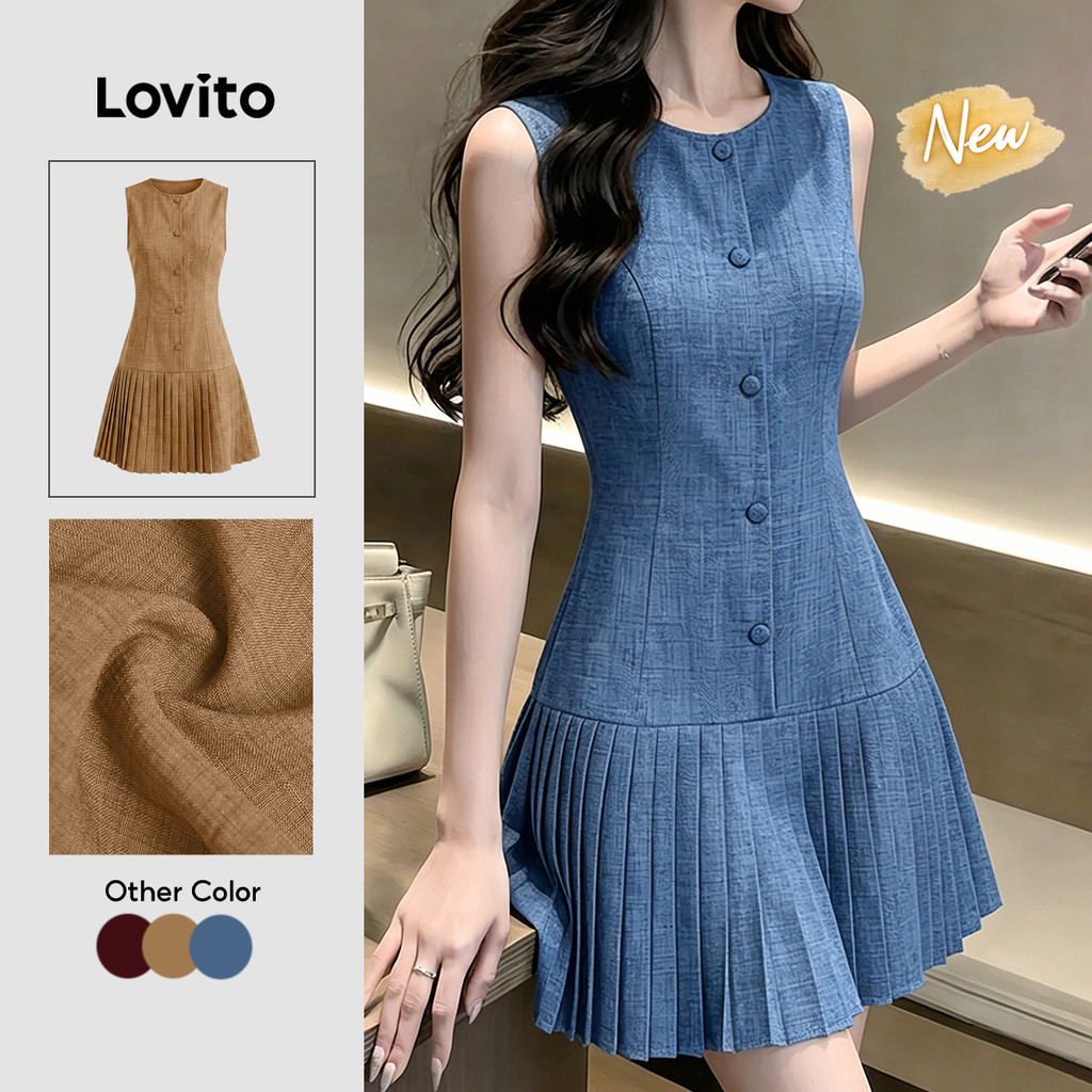 (New Arrival) Lovito Vestido Elegante Plissado com Botões Primavera/verão Vestid