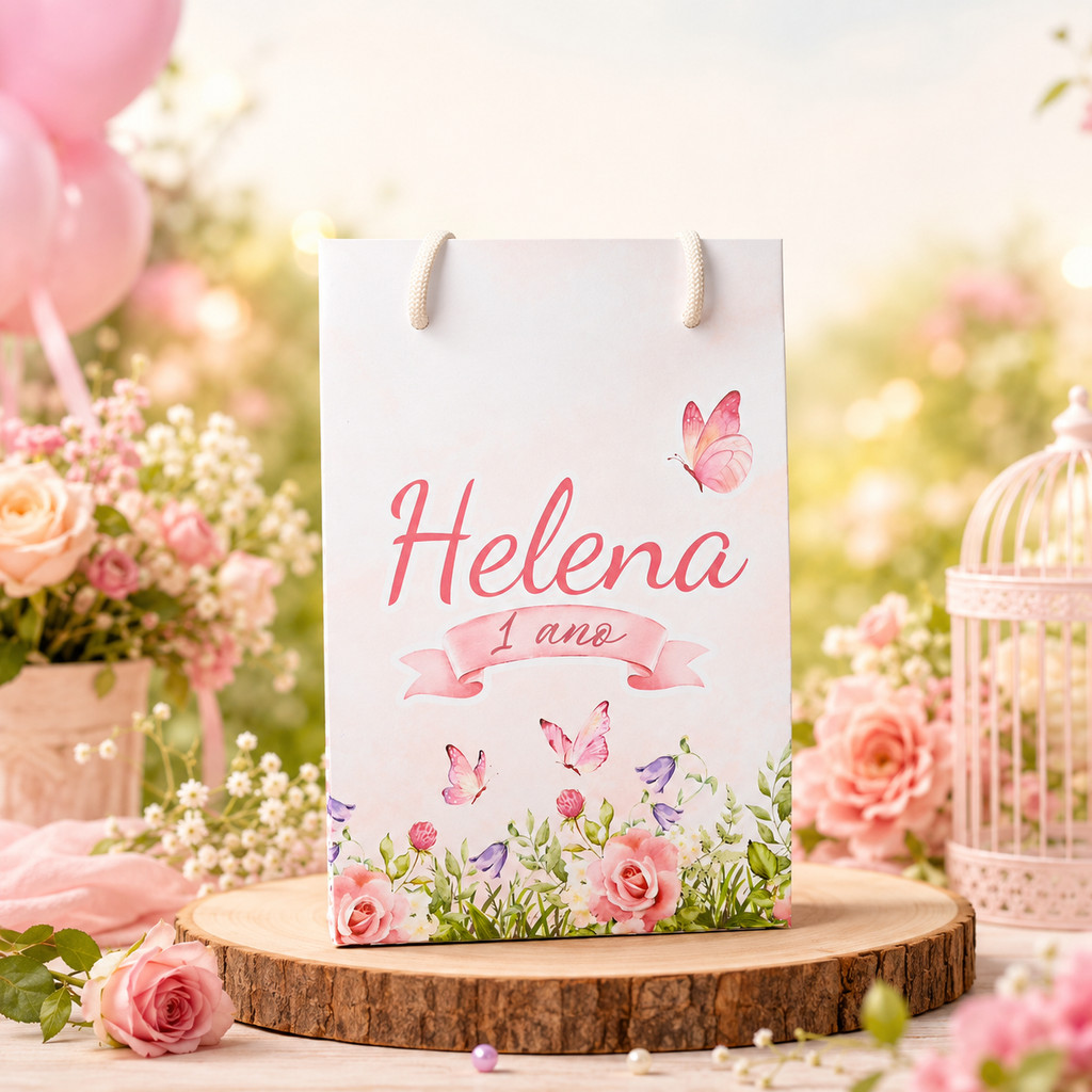 Sacolinhas Personalizada Pequena Jardim das Borboletas Rosa Personalizado Com Nome e Idade Festa Infantil Lembrancinha