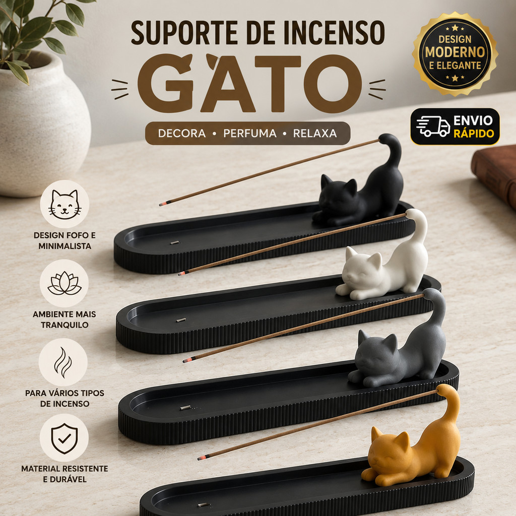 Imagem Porta Incenso Incensário Queimador Gato Moderno Decorativo Suporte