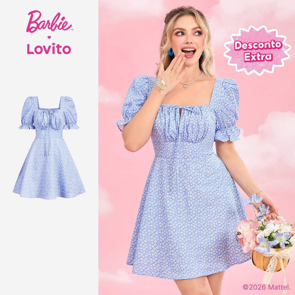 Barbie™ X Lovito Casual Vestido Padrão Enrugado Babados Feminino Primavera/Verão Floral DRBL4PAD017