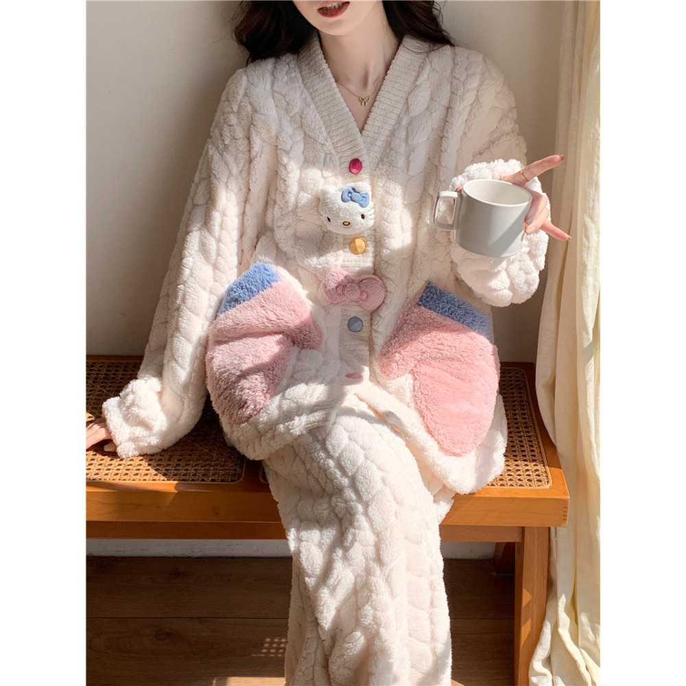Pijama de lã Coral feminino outono inverno forro de lã espessamento 2025 novo estilo flanela de desenho animado terno de