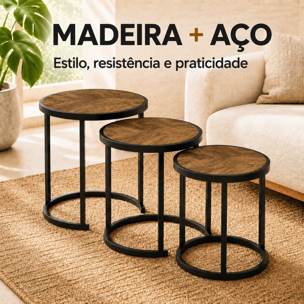 Mesa Lateral Decorativa Empilhável, Conjunto 3 Peças Design Moderno Multiuso Para Decoração de Ambiente