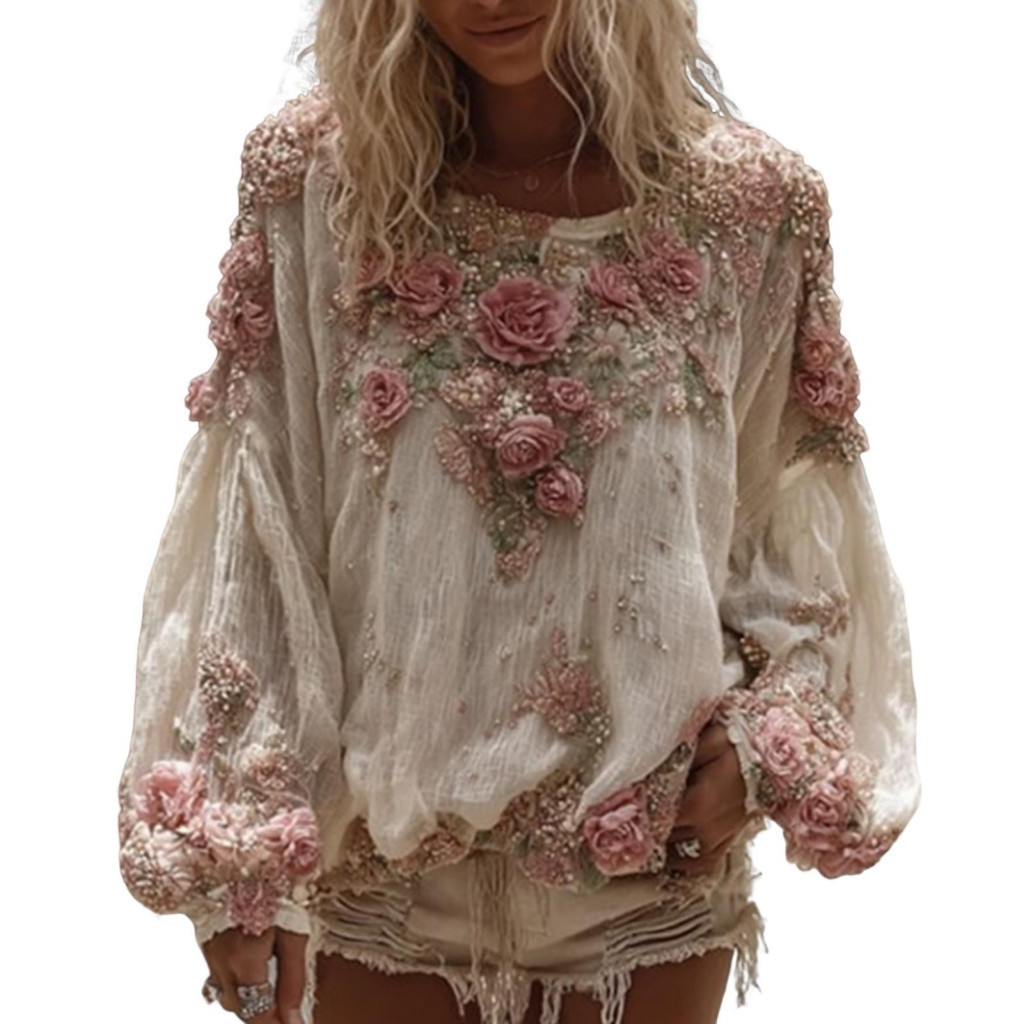 Camisetas Femininas Estampadas com Decote em V, Elegante Camisa de Manga Lanterna com Padrão de Flores 3D Perfeita para 