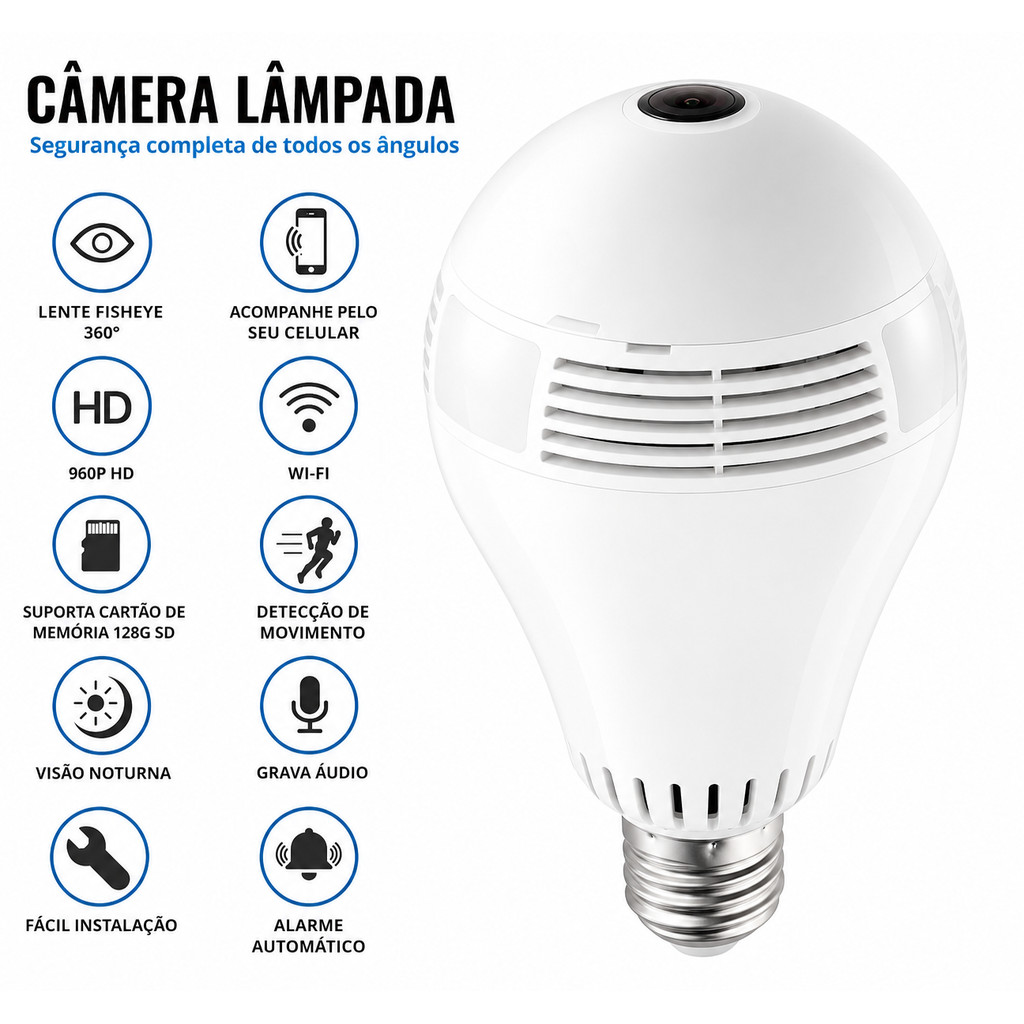 Câmera Lâmpada WiFi HD 360° Visão Noturna Sensor de Movimento Áudio e App