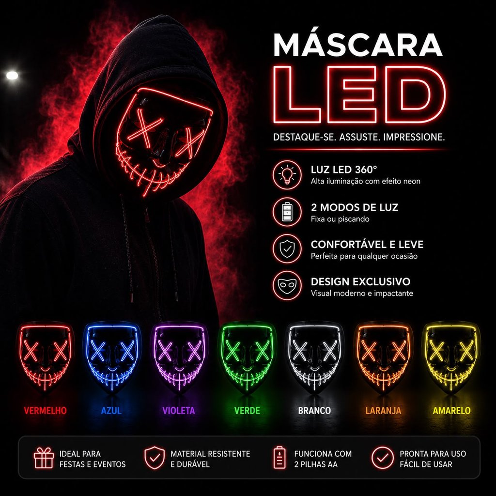 Máscara LED Neon Fio Duplo à Pilha para Halloween Carnaval Festa e Fantasia