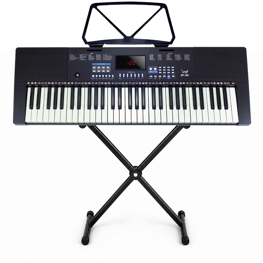 Kit Teclado Musical Bravo BP100 61 Teclas 5/8 Iniciante Estudante com Suporte em X Bivolt 127/220V Preto e Fonte Inclusa