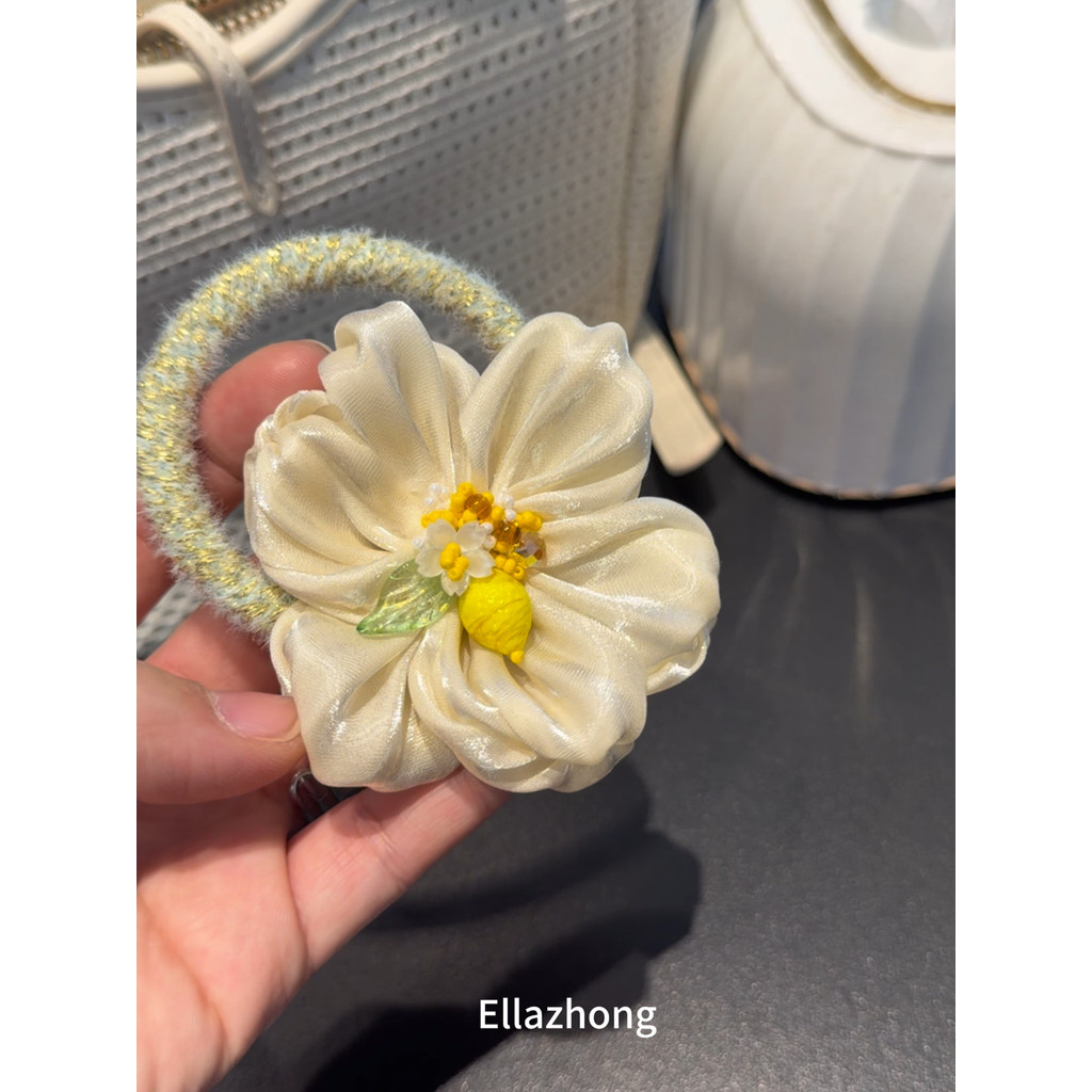 Nicho Original ~ estilo coreano cetim flor anel de cabelo corda de cabelo doce pintinho amarelo fresco Scrunchy estilo c