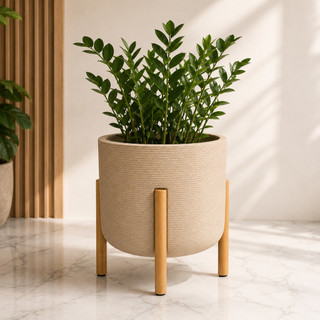Vaso Para Plantas Oslo Escovado com Pé de Madeira Decorativo Nórdico em Polietileno 30x24