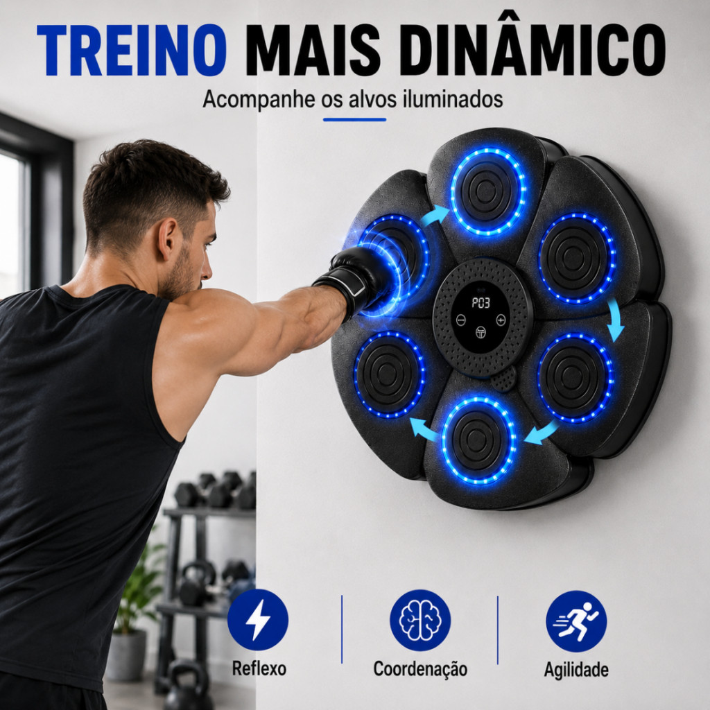 Máquina de Boxe Eletrônica Musical de Parede com 6 Alvos LED para Treino de Reflexo e Agilidade Preta — imagem 2 de 2