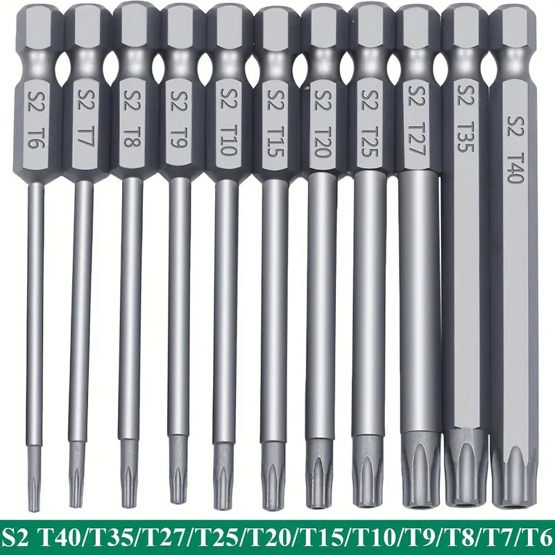 Kit 11 Chaves Bits Torx 100mm Compatíveis com parafusadeiras, chaves manuais e elétricas