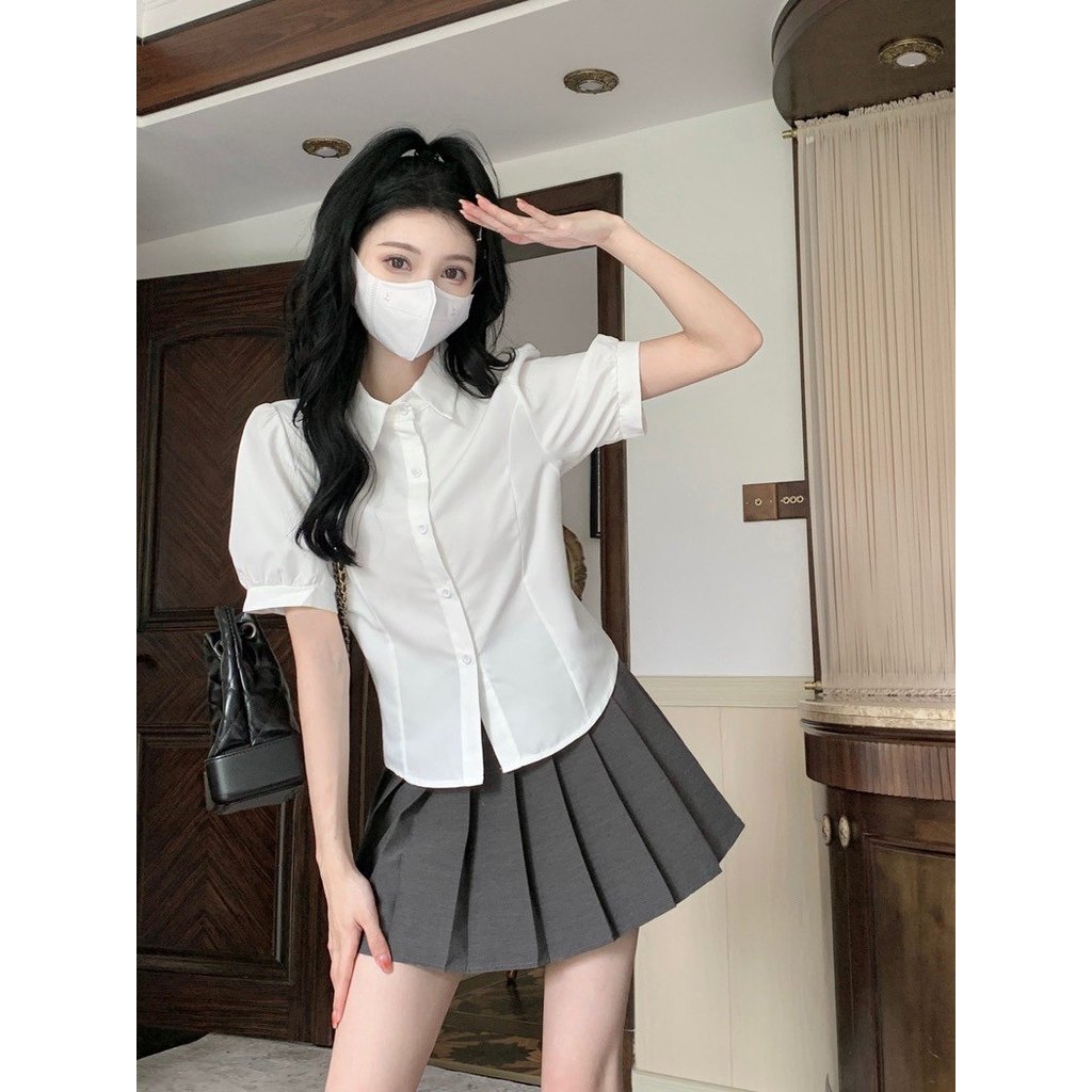 Camisa branca de cintura filigrana de manga curta feminina verão manga bufante cintura estreita camisa branca curta com 