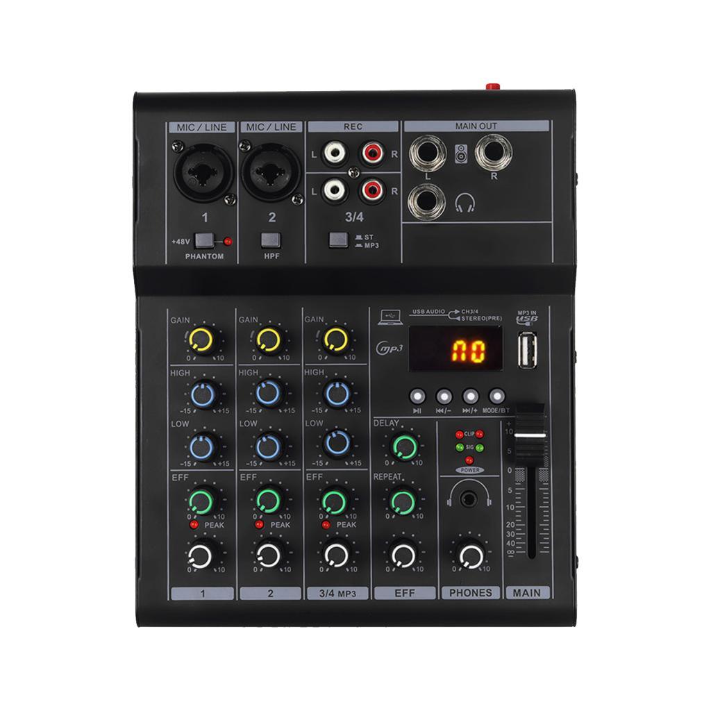 Interface de som profissional DJ Mixer de 4 canais com 48V Phantom Power BT MP3 USB Amplificador de guitarra integrado