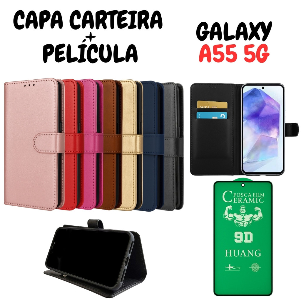 Capa Capinha Carteira Para Samsung Galaxy A55 5G + Película de Cerâmica