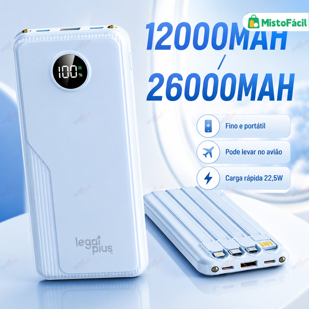 Carregador Portátil Compacto 12.000 e 26.000mAh 22,5W PD Carregamento Rápido Tela Circular 4 Cabos Universal