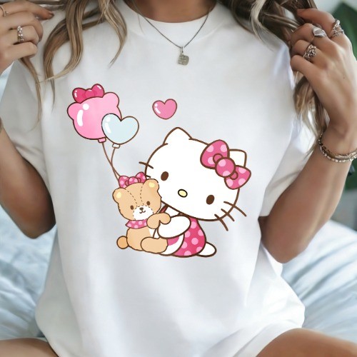 Camiseta Feminina Gatinha Blusa Oversized Estampada Gatinha Hello Kitty Manga Curta Blusa Casual Confortável Estilosa