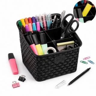 Organizador Multiuso Rattan Preto 6 Divisórias Porta Talheres Pincéis Maquiagem Canetas Nitron Bancada E Mesa