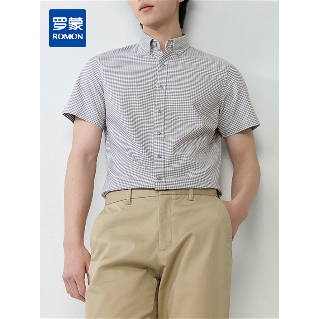 [100 Algodão] Camisa masculina Romon clássica lapela xadrez All-Match confortável camisa de manga curta moda Commuter