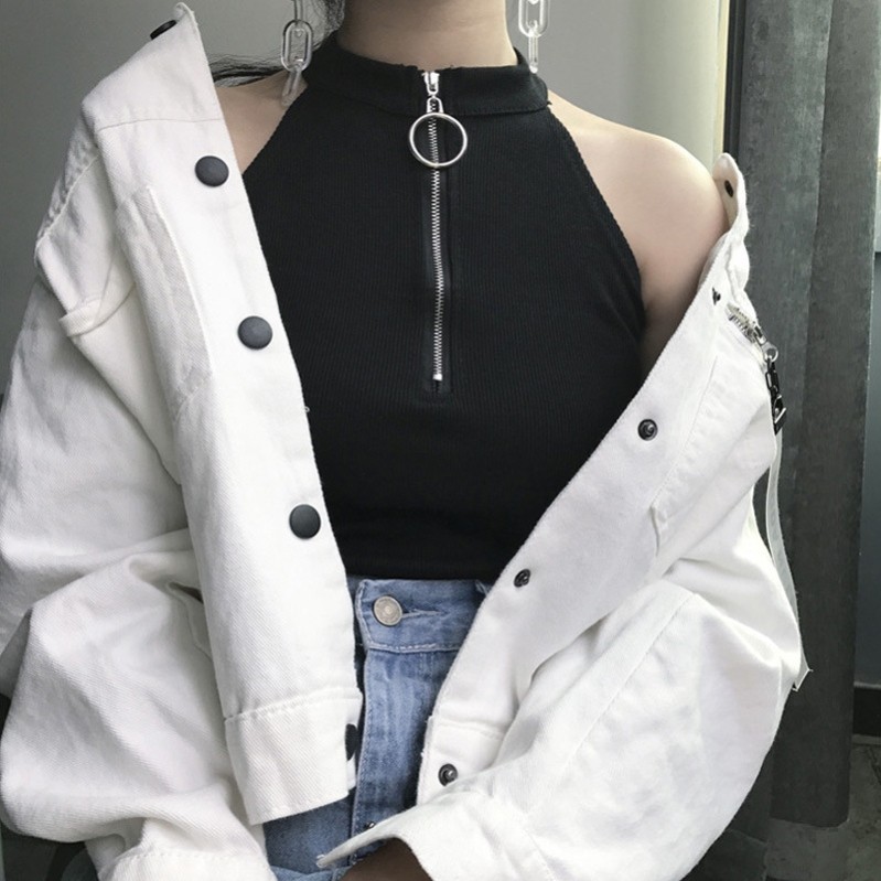 Verão zíper gola alta colete feminino puro algodão exterior Wear esquema superior fundo interno sem mangas camiseta Hyun