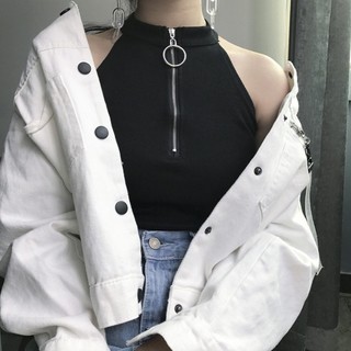Verão zíper gola alta colete feminino puro algodão exterior Wear esquema superior fundo interno sem mangas camiseta Hyun
