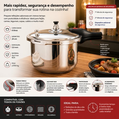 Panela Pressao Inox 6 Litros Alta Durabilidade Cozimento Rapido Seguro Moderna