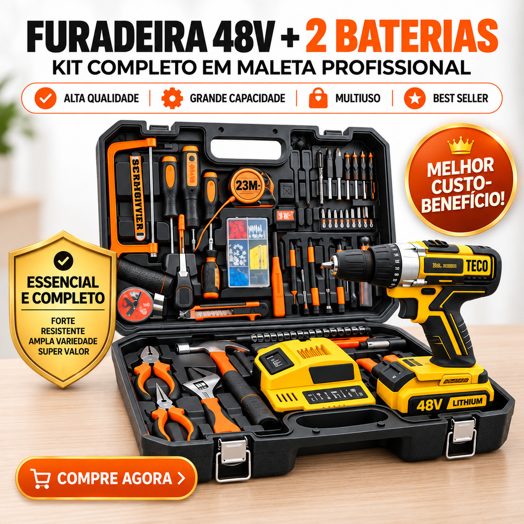 Parafusadeira Furadeira 48V Sem Fio Profissional Uso Doméstico Com 2 Baterias Inclusas Kit Completo