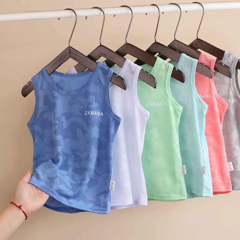 Meninos verão fino camuflagem colete crianças sem mangas oco gelo seda camiseta médio pequeno crianças esportes ao ar li