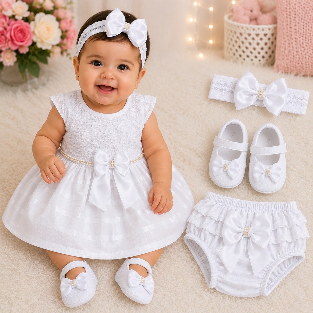 Vestido De Bebê Conjunto Infantil 4 peças Menina Roupa De Bebê Feminino Algodão Luxo Festa Batizado