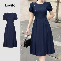 Lovito Vestido Elegante com Botões Drapeado Azul Marinho de Primavera/verão para mulheres L198ED254