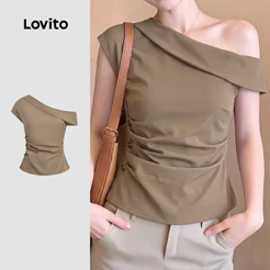 Lovito Blusa Casual Ombro a Ombro Assimétrica Botão Primavera/verão Cáqui L198ED056