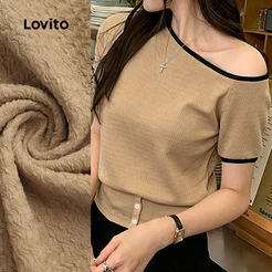 Lovito Camiseta Casual com Acabamento em Contraste e Botão Primavera/verão Cáqui Feminina L199ED189