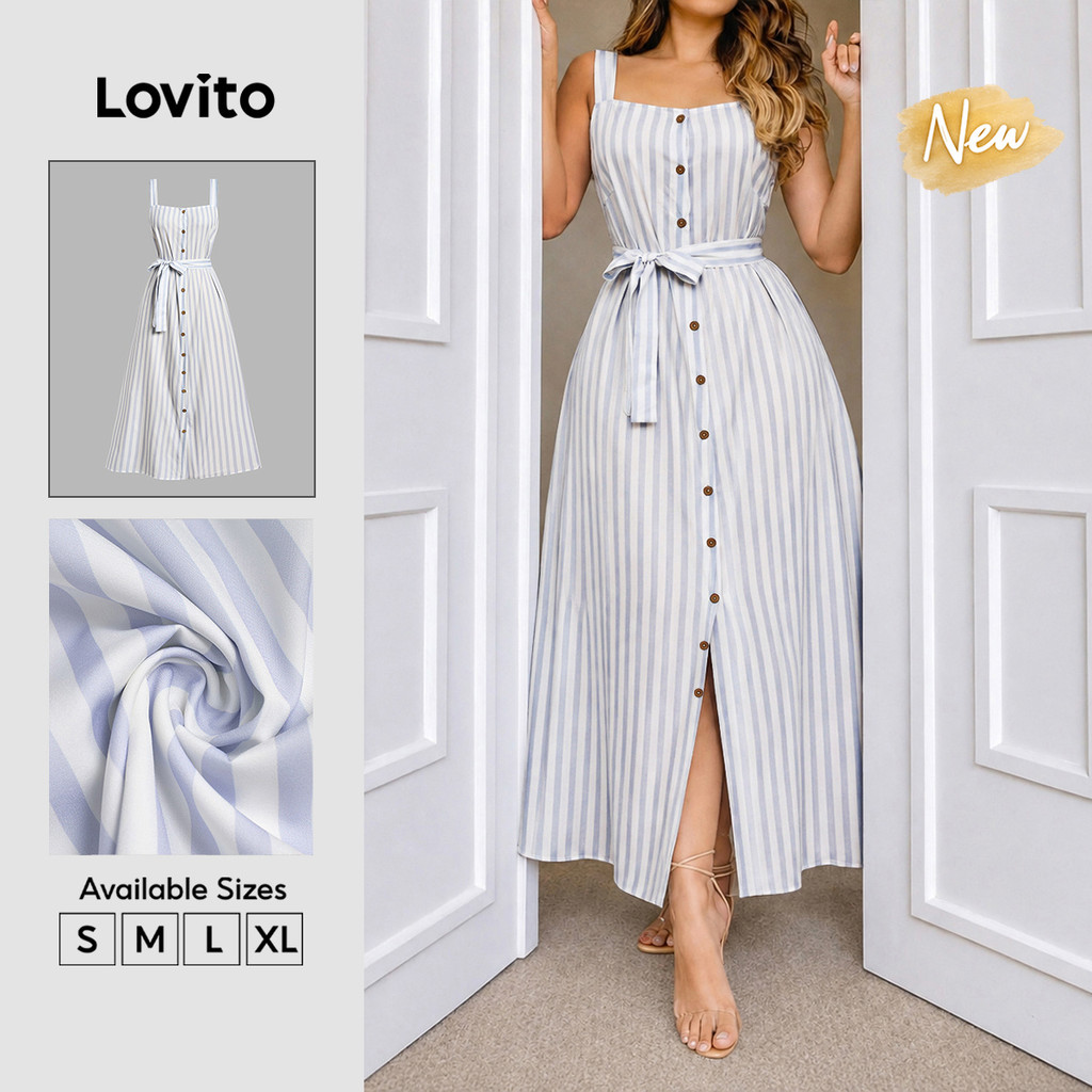 (New Arrival) Lovito Vestido Feminino Boho Listrado Azul E Branco Botões Frontais Linha a Primavera/verão Casual Para Fim De Semana E Férias DRB39BR123