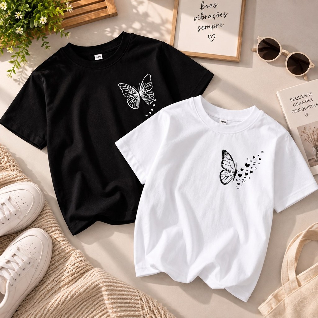 Kit 2 Blusinhas Infantil Feminina Borboleta 100% Algodão Camisetas Menina Estampadas Delicadas