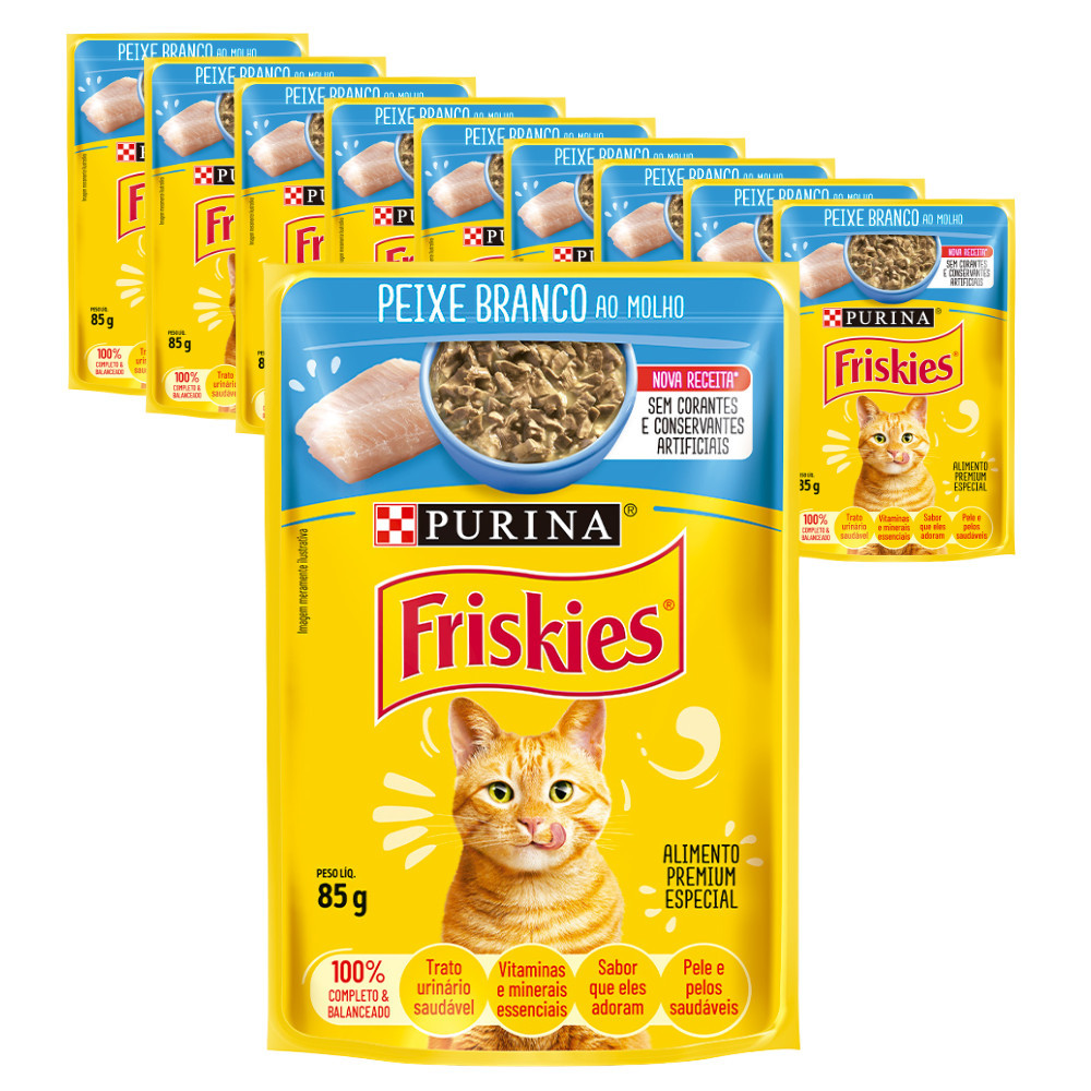 Ração Úmida Purina Friskies Sachê para Gatos Adultos sabor Peixe Branco 85g KIT 1 A 15