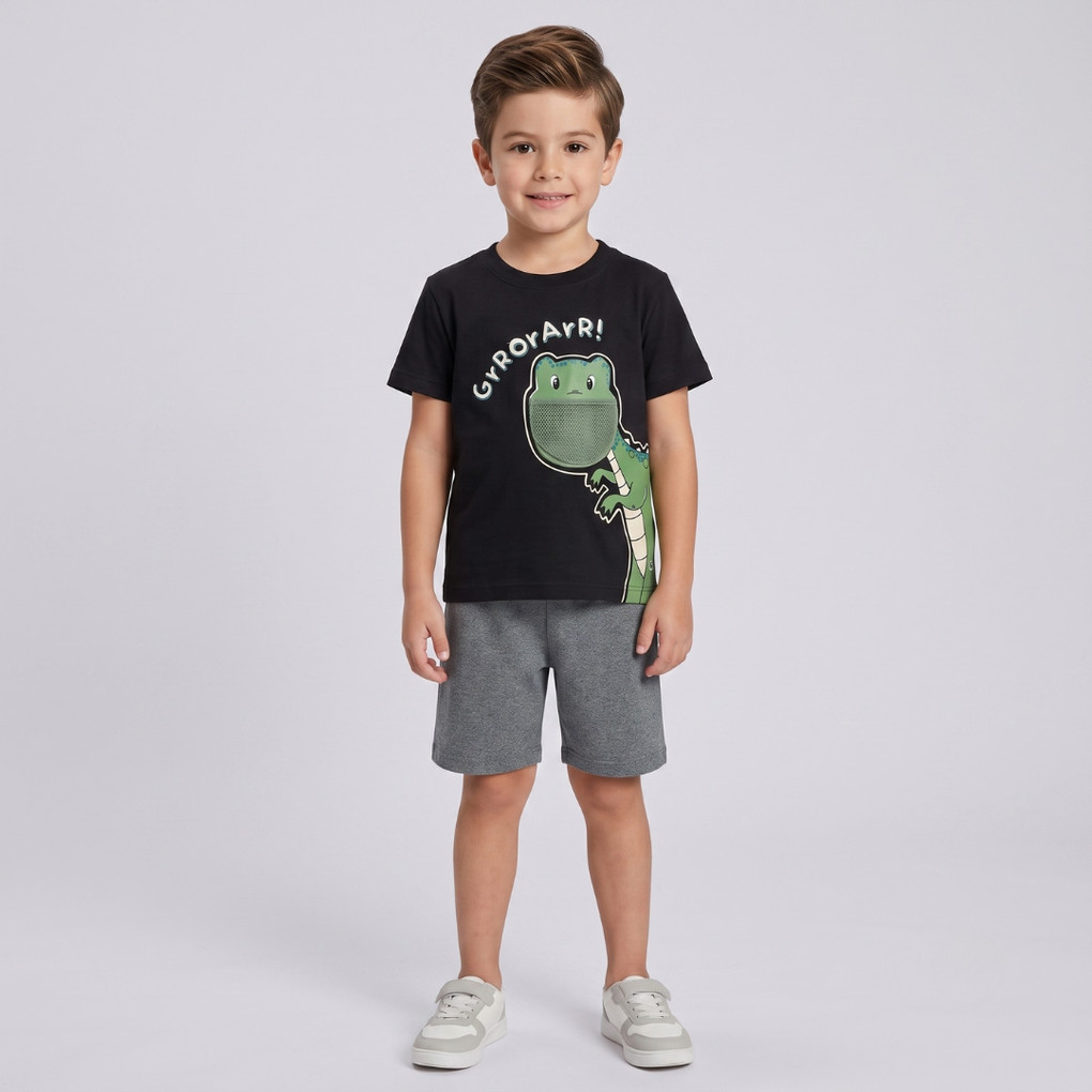 Conjunto Infantil Menino Camiseta E Bermuda Dinossauro Rovi Kids Off White / Preto