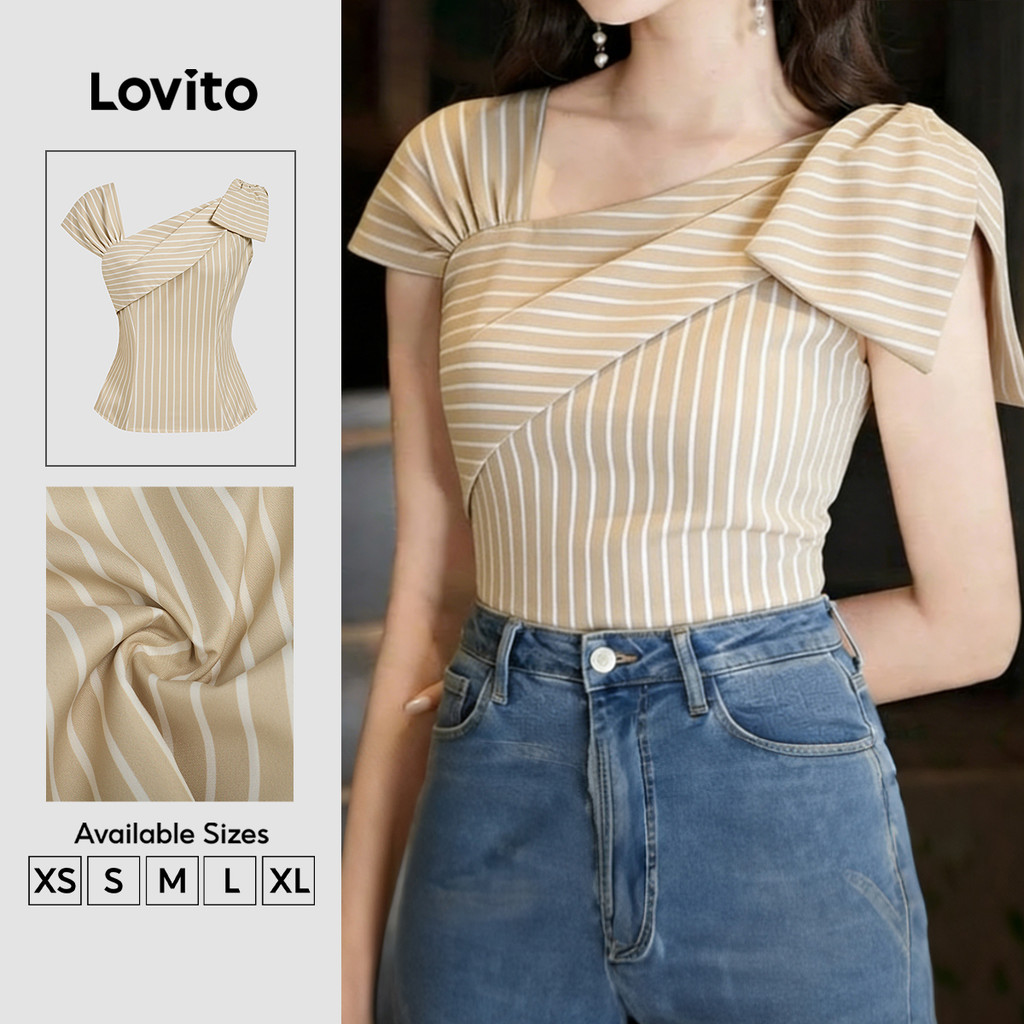 Lovito Listrada Blusa Casual Assimétrica com Pregas Primavera/verão Camisa Cáqui Feminina L189AD071