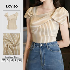 Lovito Listrada Blusa Casual Assimétrica com Pregas Primavera/verão Camisa Cáqui Feminina L189AD071