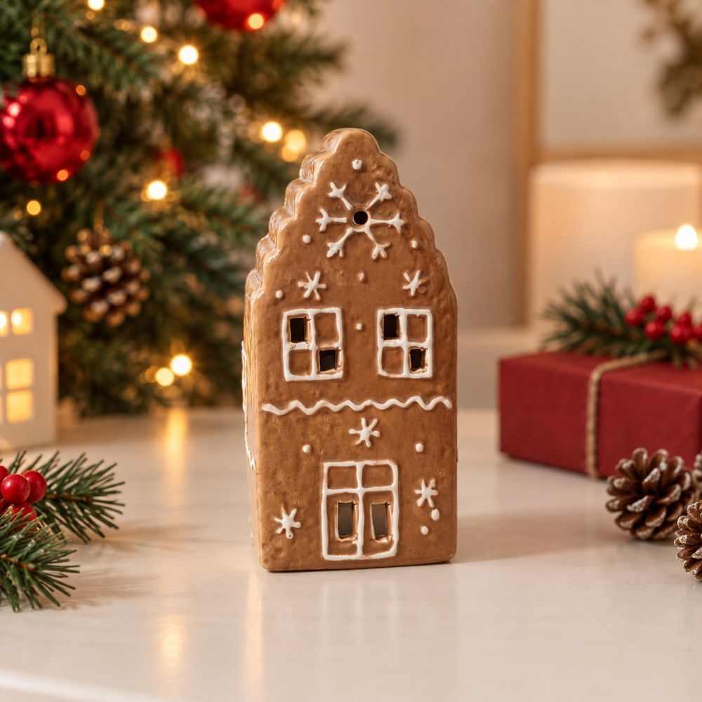 Casinha Natalina Decorativa em Cerâmica Marrom - Ideal para Mesa, Aparador, Estante e Decoração de Natal