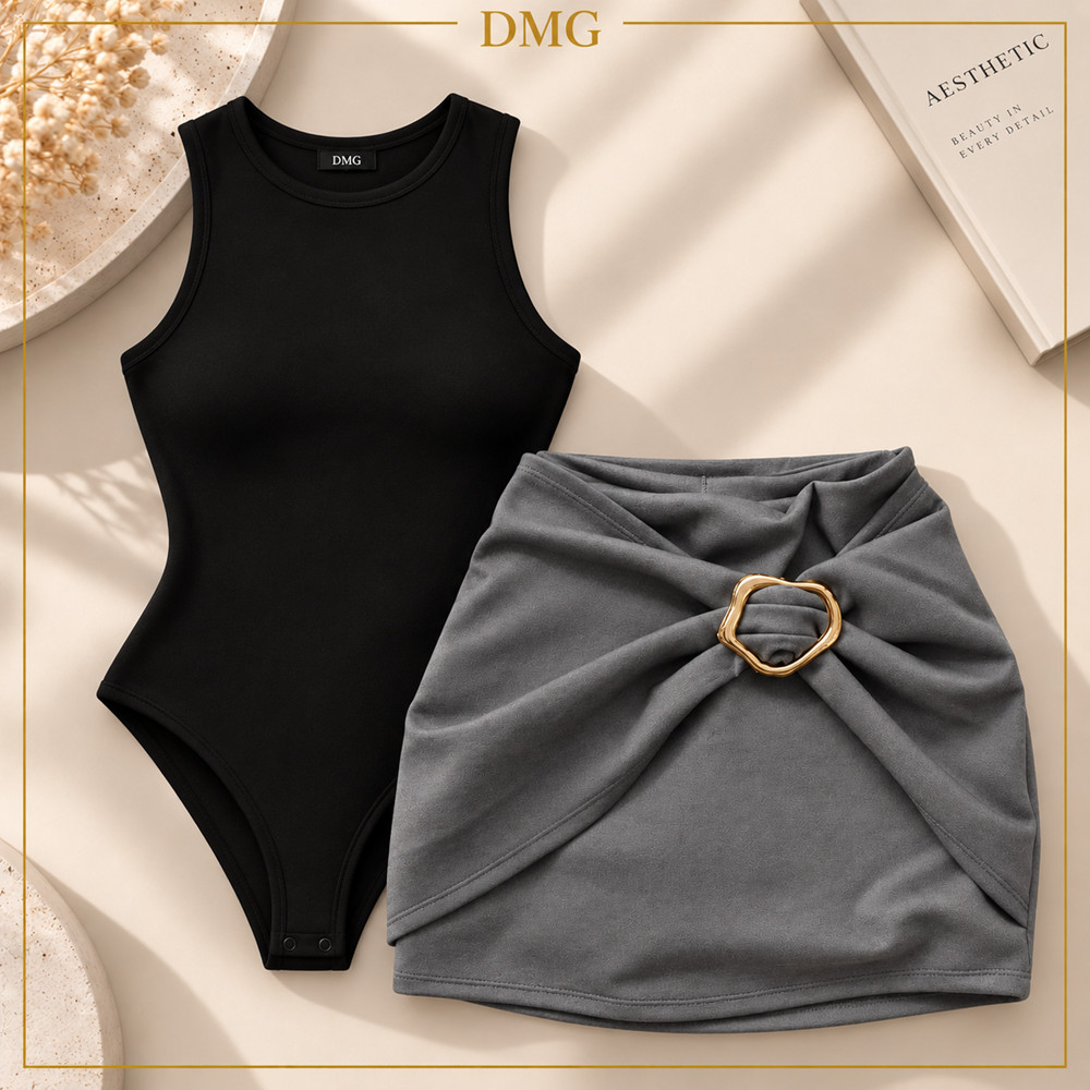 Conjunto Feminino Body Regata + Short Saia Elegante Cintura Alta Feminino