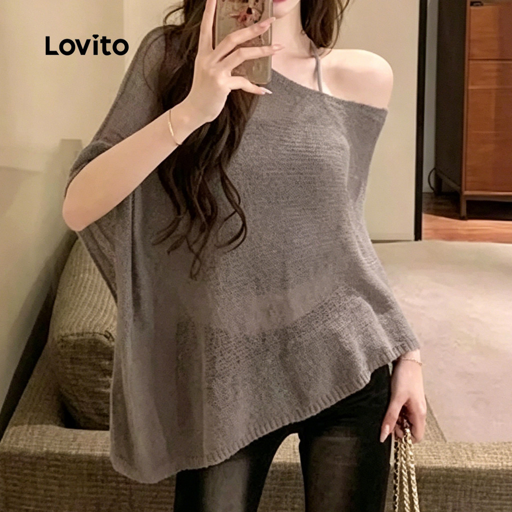 Lovito Camiseta Casual Assimétrica Cinza de Ombro Frio para Mulheres primavera/verão TSK8P2D482