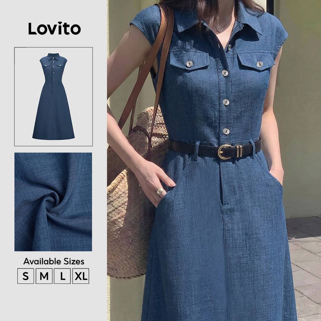 Lovito Vestido Casual Azul Feminino Com Bolso Falso E Fivela De Metal Primavera/verão (sem Cinto) DRK8BR077
